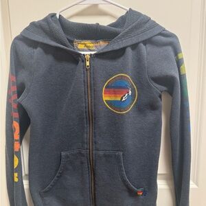 Aviator Nation Navy Zip Hoodie with Rainbow Logo and Stripe Sleeves